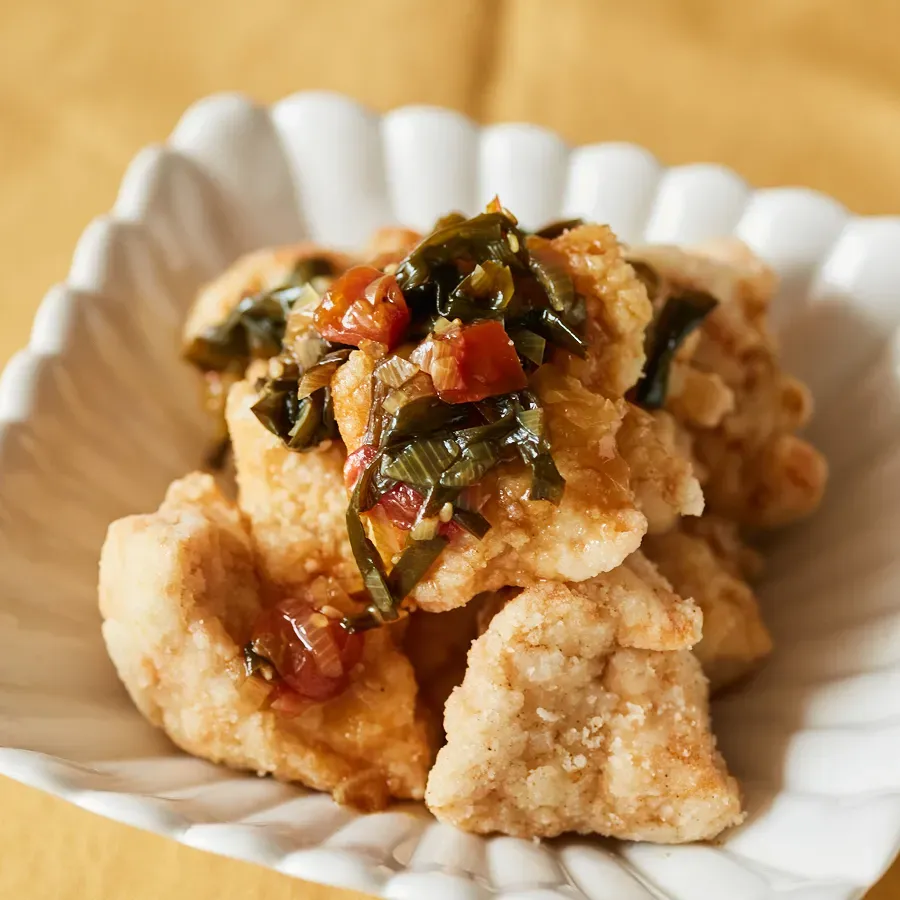 鶏唐揚げの冷製トマトにらだれ